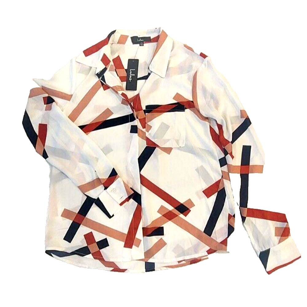 Lulus Camrose White Geometric Print Button-Up Long Sleeve Top Womens XS NWT‎